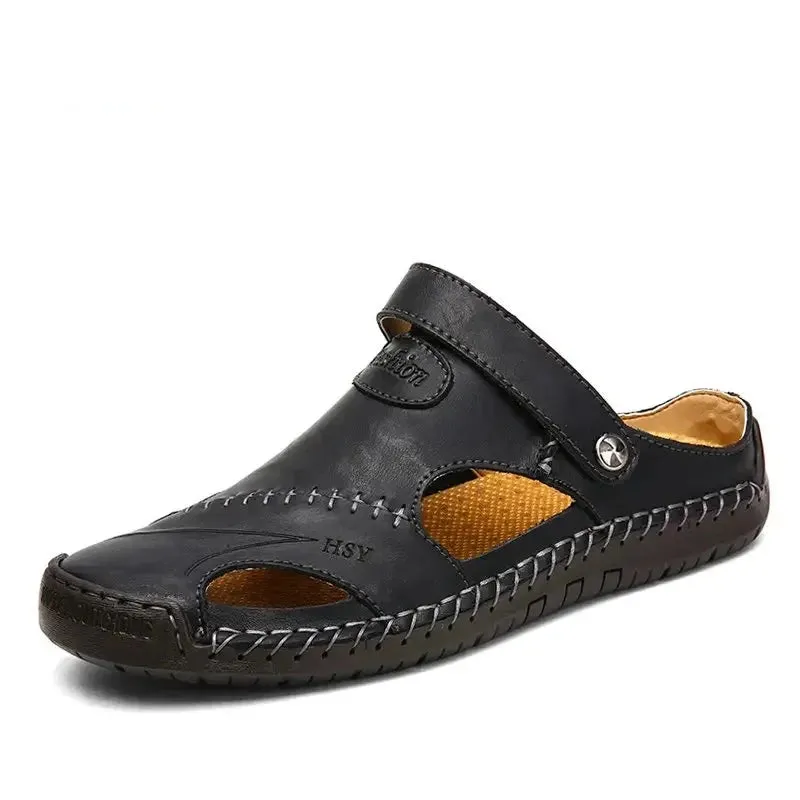 Summer Genuine Leather Sandals Men Outdoor Beach Sandals Flat Comfortable Fashion Mens Breathable Water Trekking Shoes