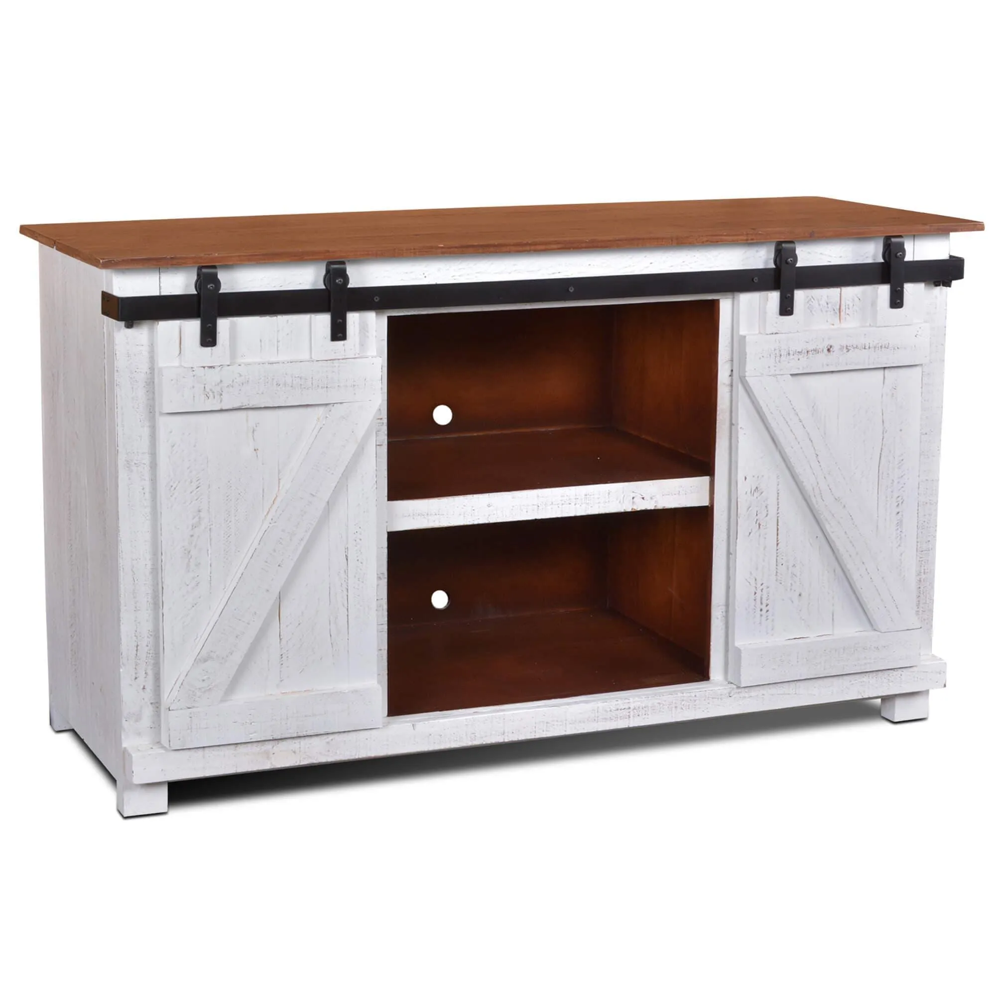 Sunset Trading Stowe Barn Door 60 inch TV Stand in Rustic White and Brown