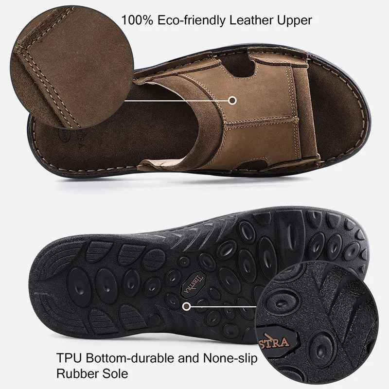 TIESTRA Men's Leather Slippers Wide Fit Summer Casual Beach Sandals for Outdoor & Indoor