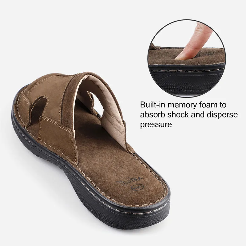TIESTRA Men's Leather Slippers Wide Fit Summer Casual Beach Sandals for Outdoor & Indoor