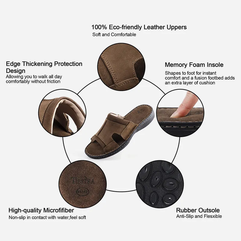 TIESTRA Men's Leather Slippers Wide Fit Summer Casual Beach Sandals for Outdoor & Indoor