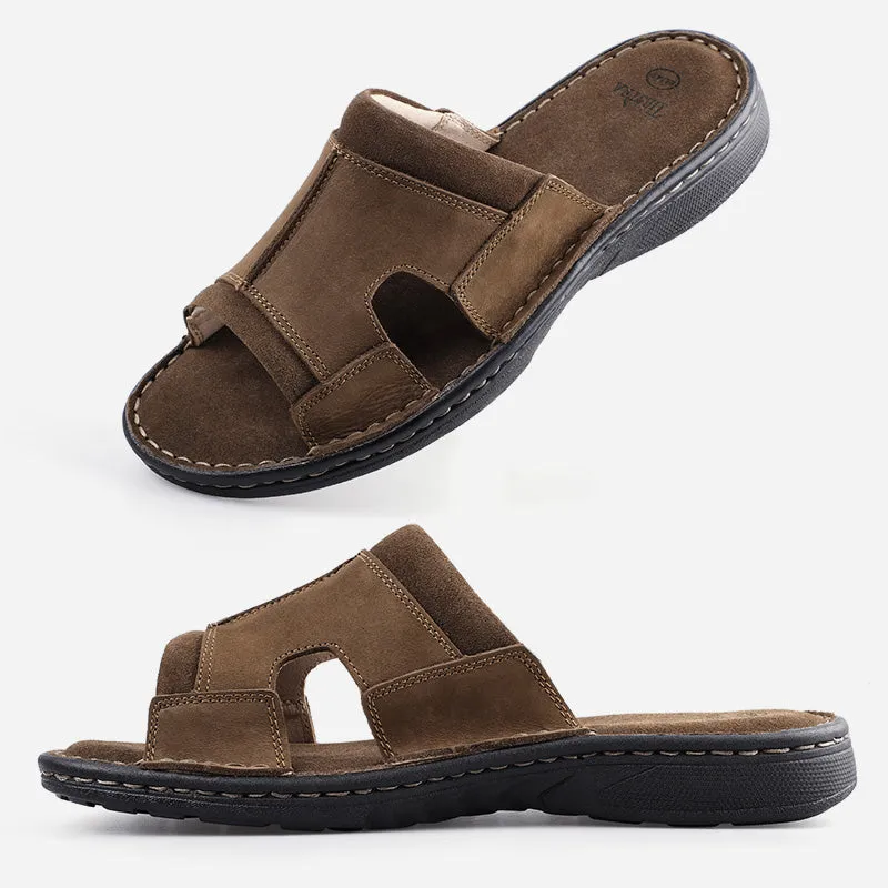TIESTRA Men's Leather Slippers Wide Fit Summer Casual Beach Sandals for Outdoor & Indoor