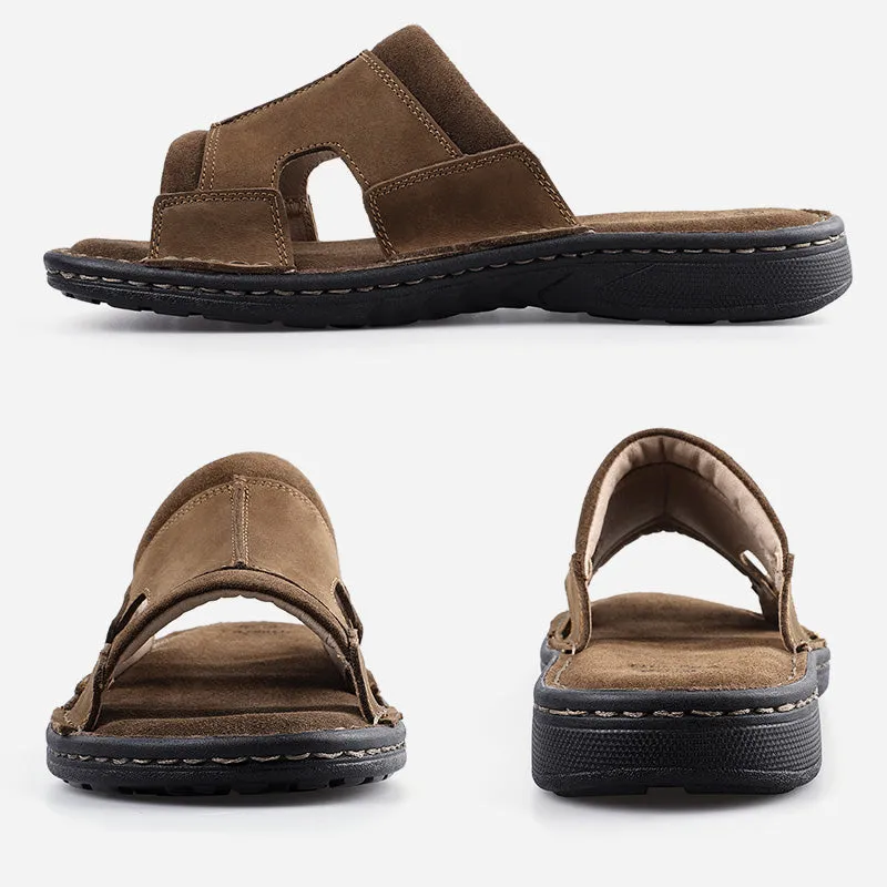 TIESTRA Men's Leather Slippers Wide Fit Summer Casual Beach Sandals for Outdoor & Indoor