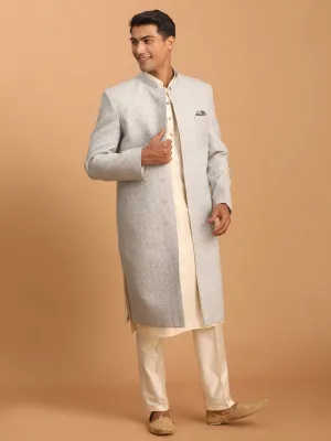 Vastramay Grey Jacquard Sherwani Set