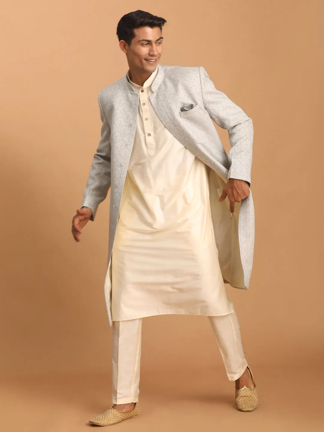 Vastramay Grey Jacquard Sherwani Set