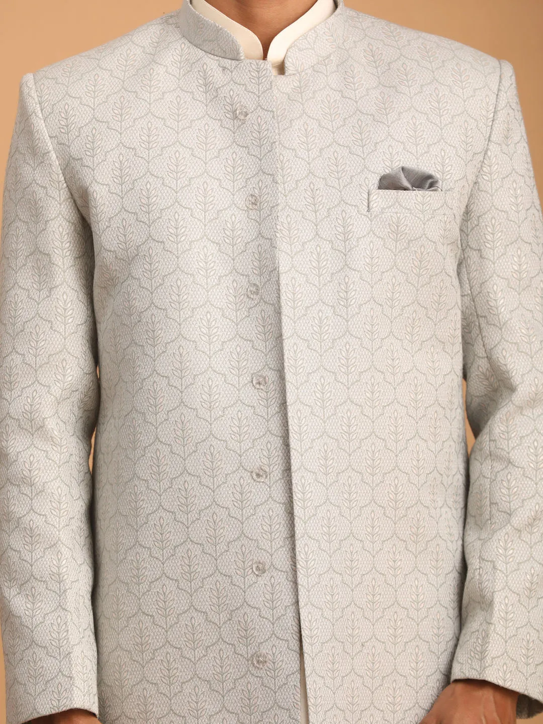 Vastramay Grey Jacquard Sherwani Set