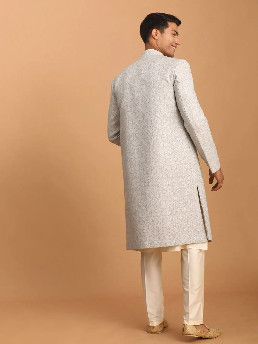 Vastramay Grey Jacquard Sherwani Set