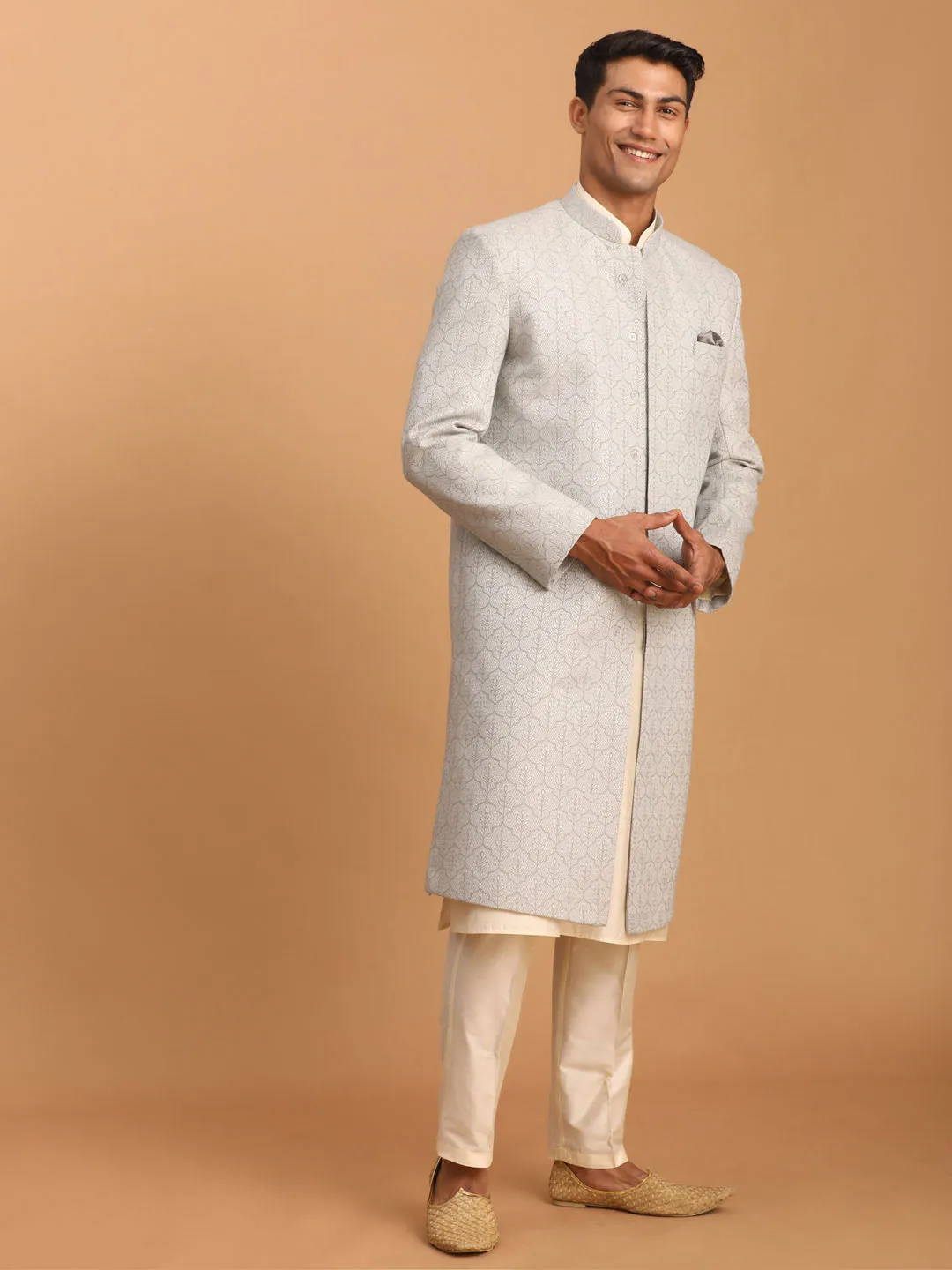 Vastramay Grey Jacquard Sherwani Set