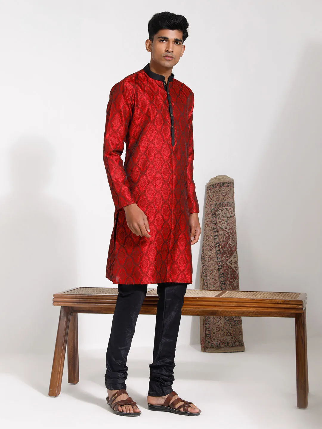 VASTRAMAY Maroon & Black Silk Kurta Pyjama