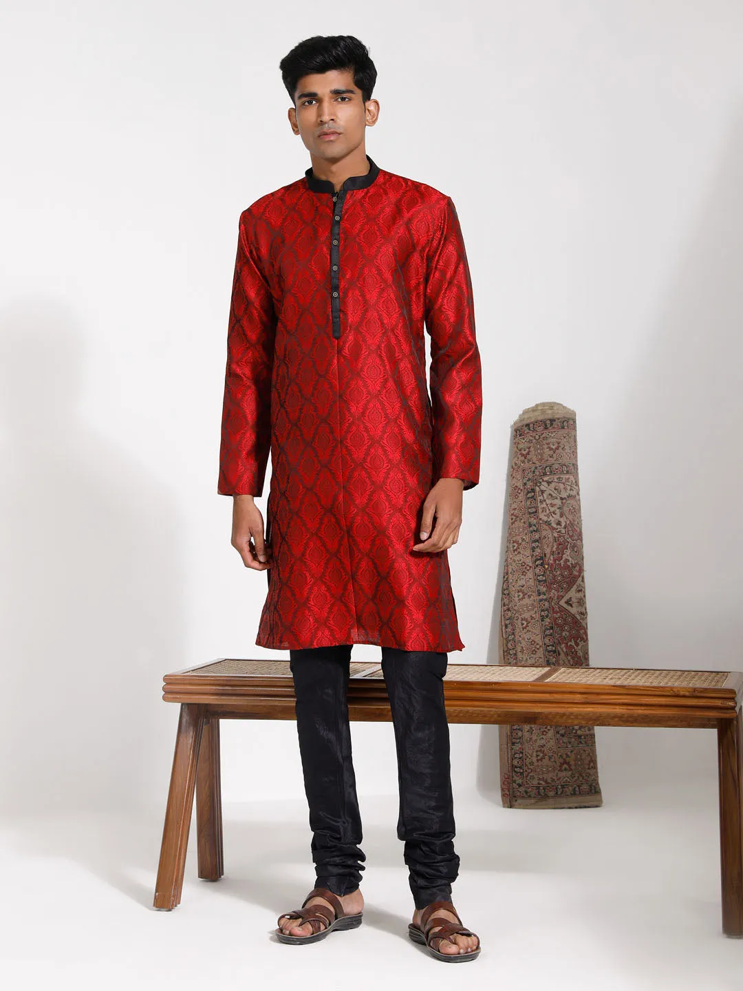 VASTRAMAY Maroon & Black Silk Kurta Pyjama
