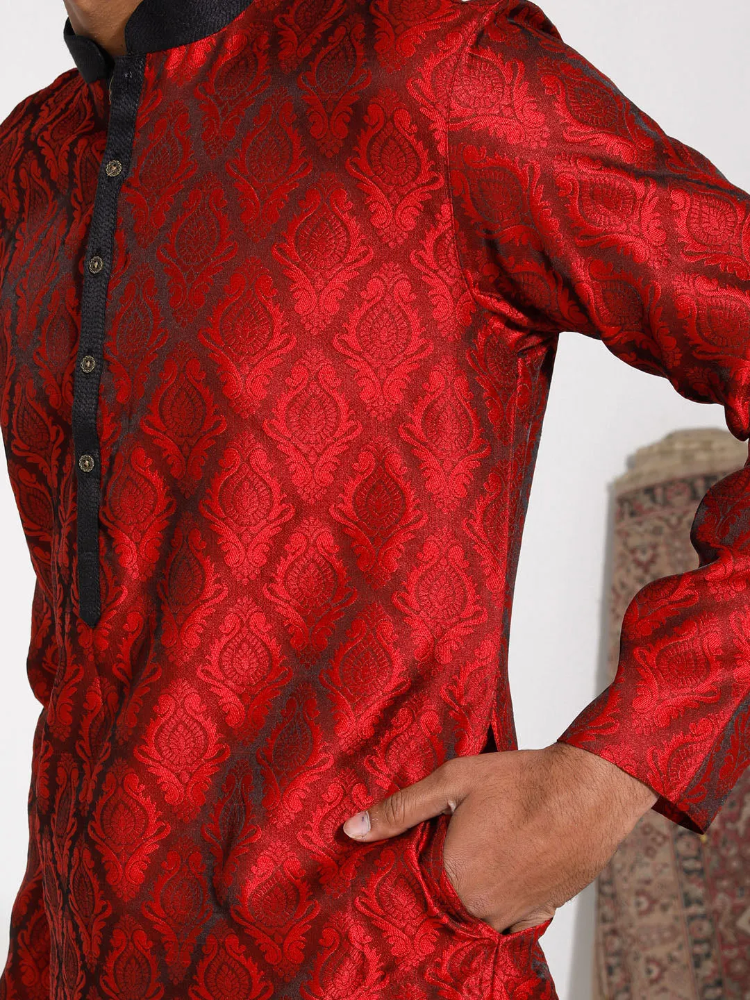 VASTRAMAY Maroon & Black Silk Kurta Pyjama