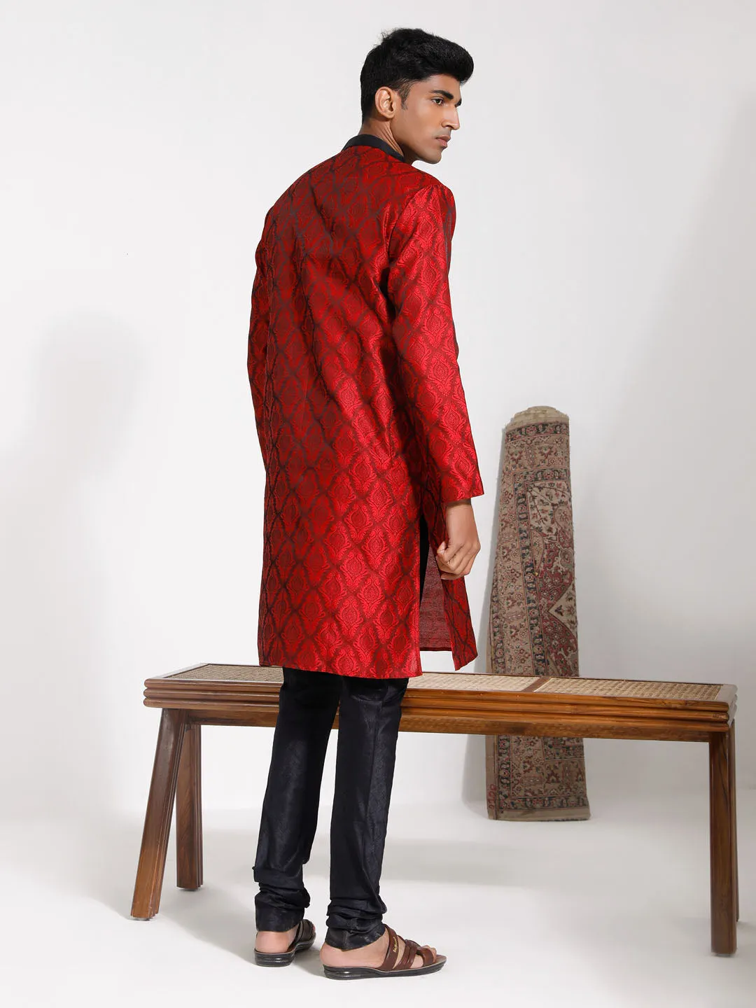 VASTRAMAY Maroon & Black Silk Kurta Pyjama