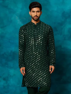 VASTRAMAY Men's Green Georgette Sequins Kurta