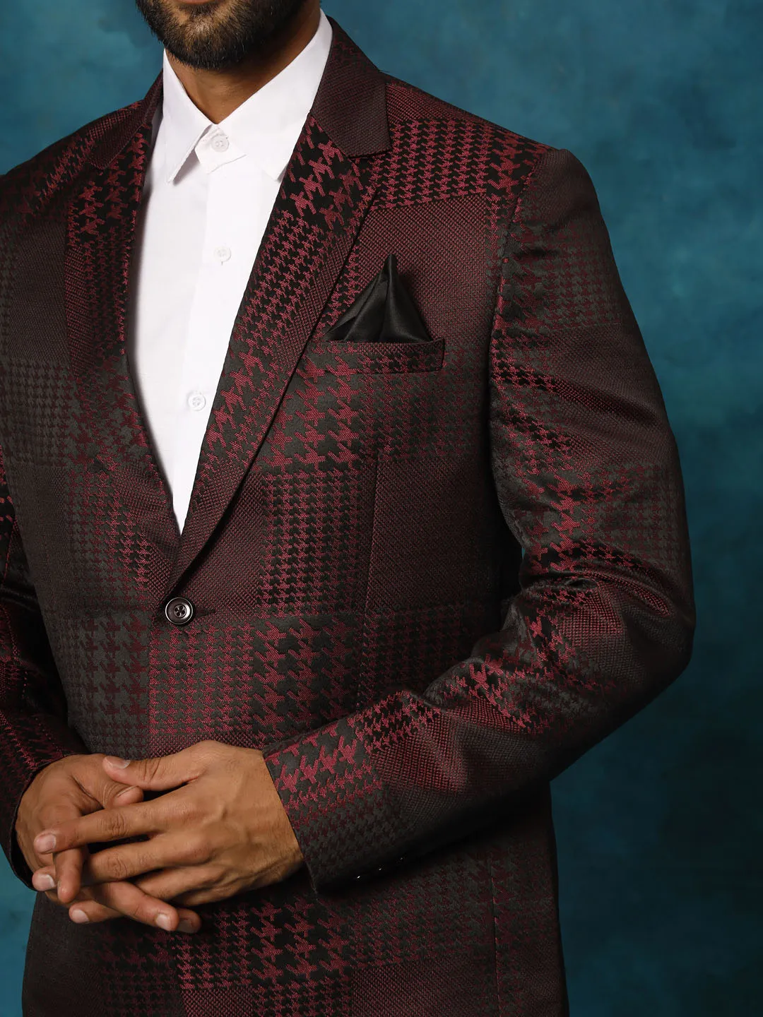 VASTRAMAY Men's Maroon Houndstooth Blazer