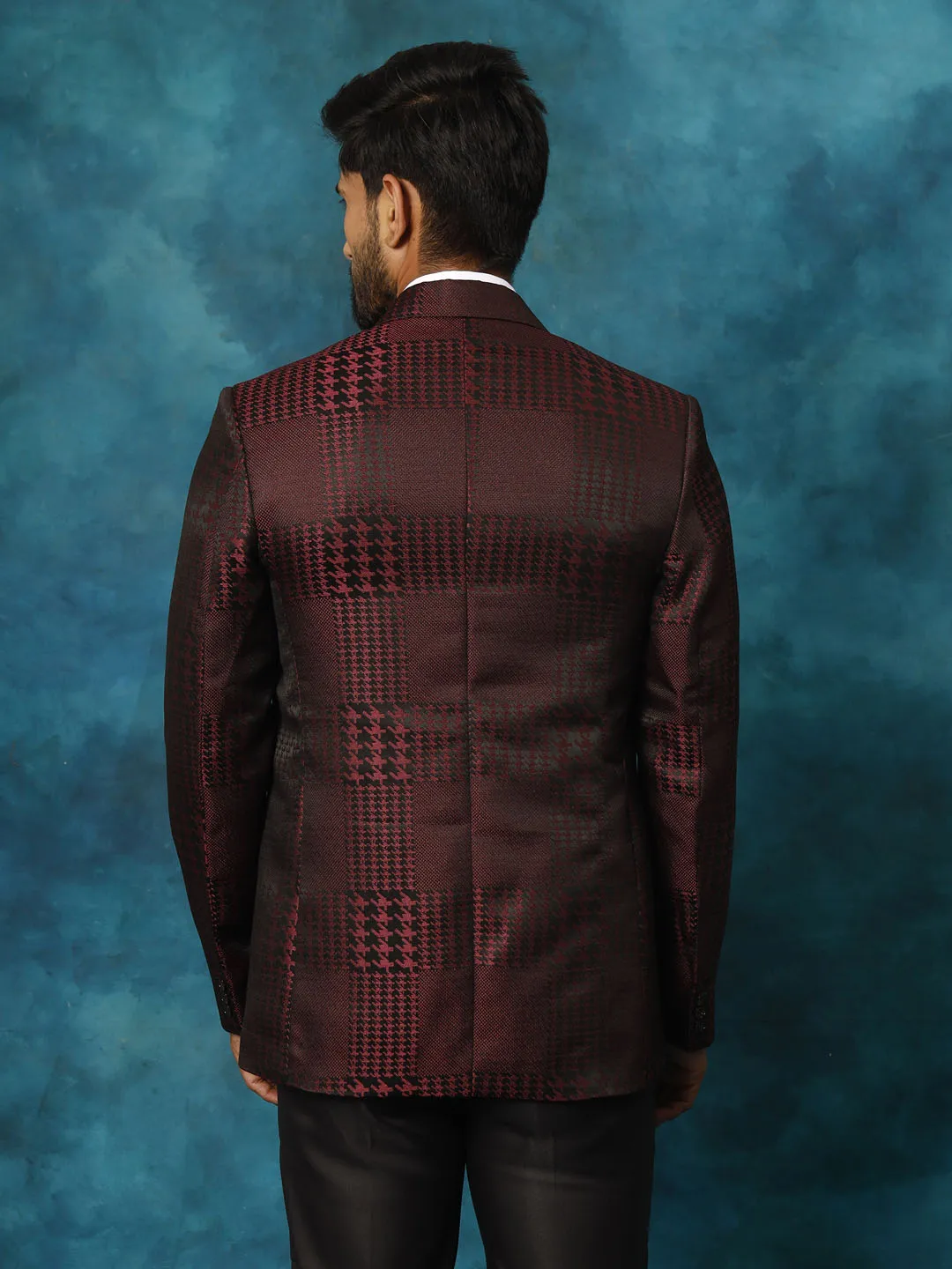 VASTRAMAY Men's Maroon Houndstooth Blazer