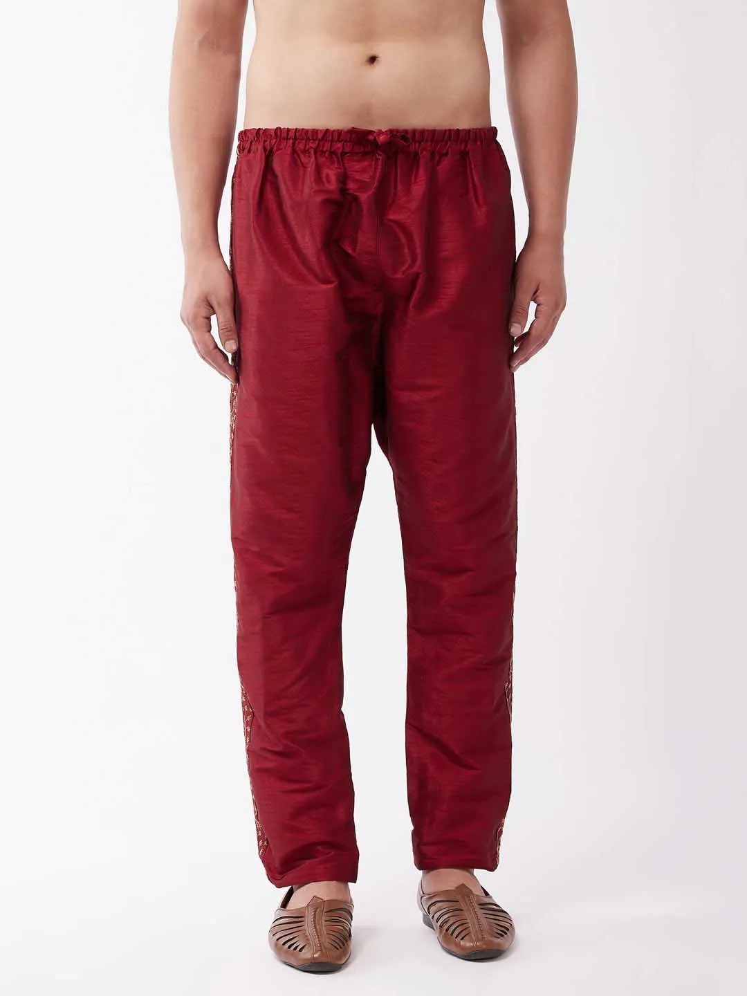 VASTRAMAY Men's Maroon Silk Blend Embroidered Pyjama