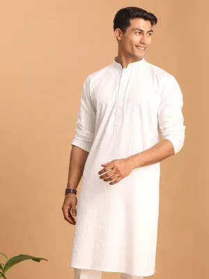VASTRAMAY Men's White Cotton Blend Solid Kurta