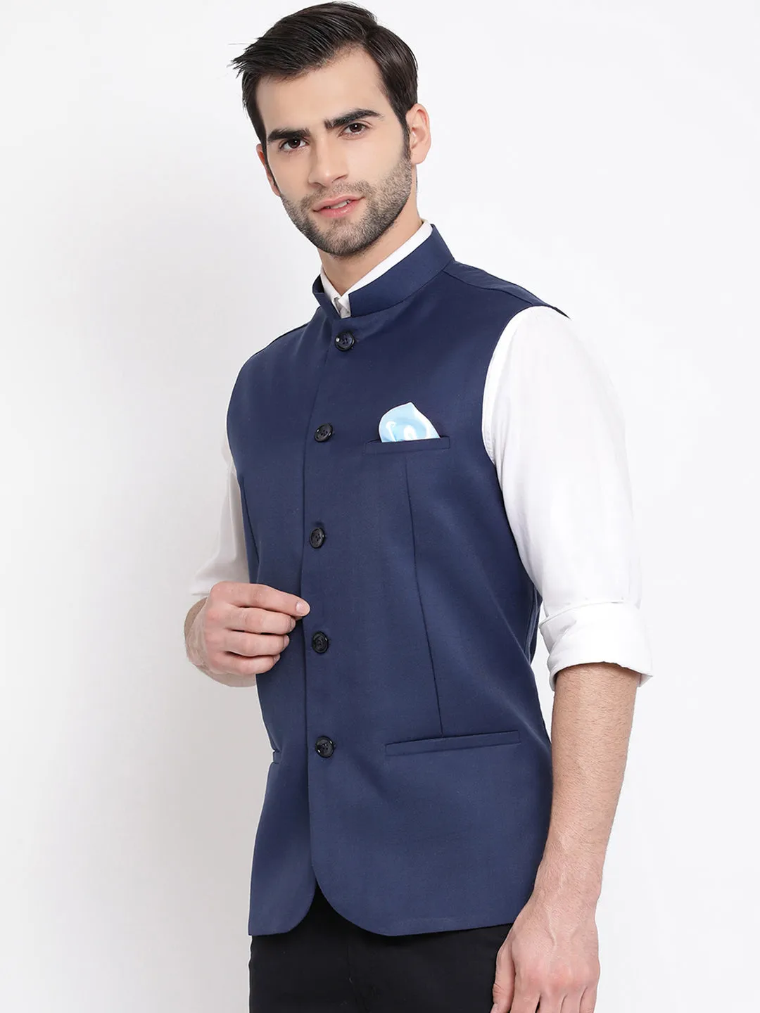 VASTRAMAY Navy Blue Nehru Jacket