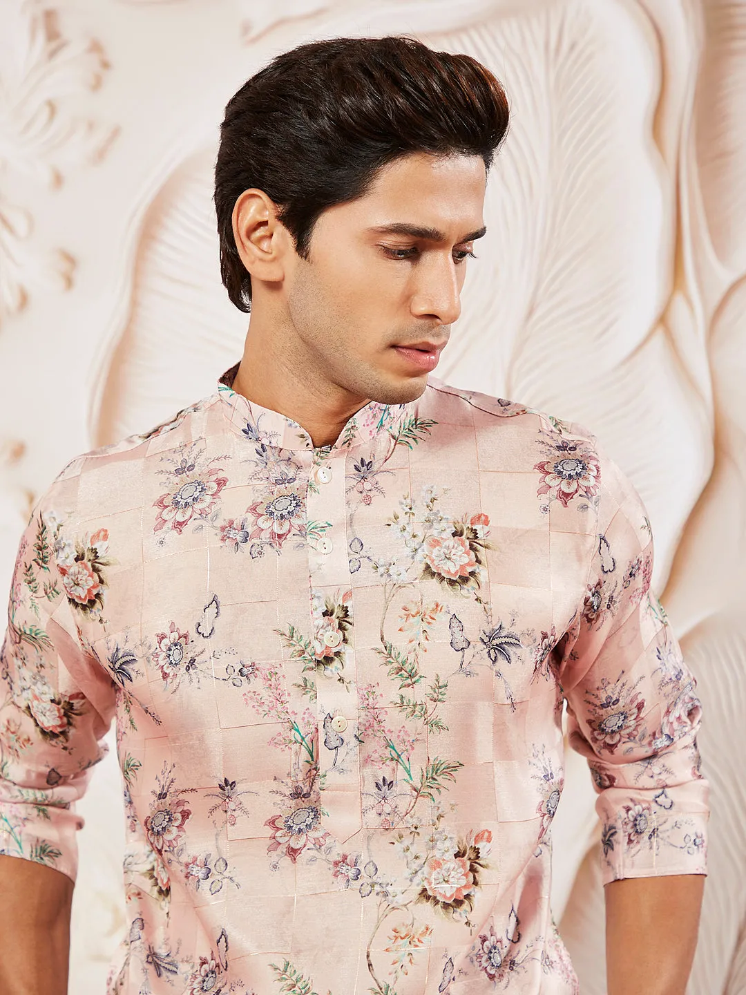 VASTRAMAY Pink Floral Silk Blend Kurta