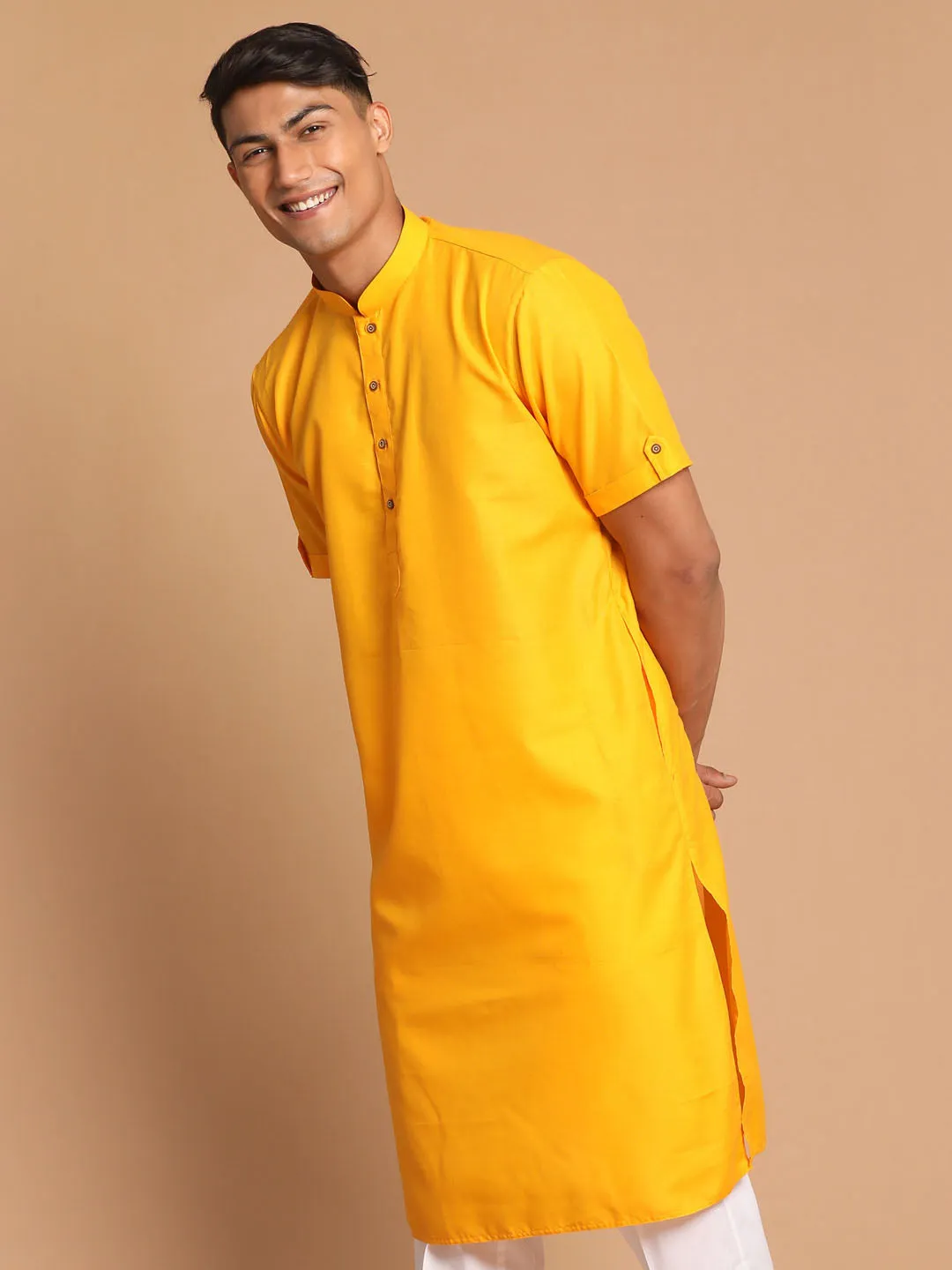 VM BY VASTRAMAY Men's Mustard Solid Kurta