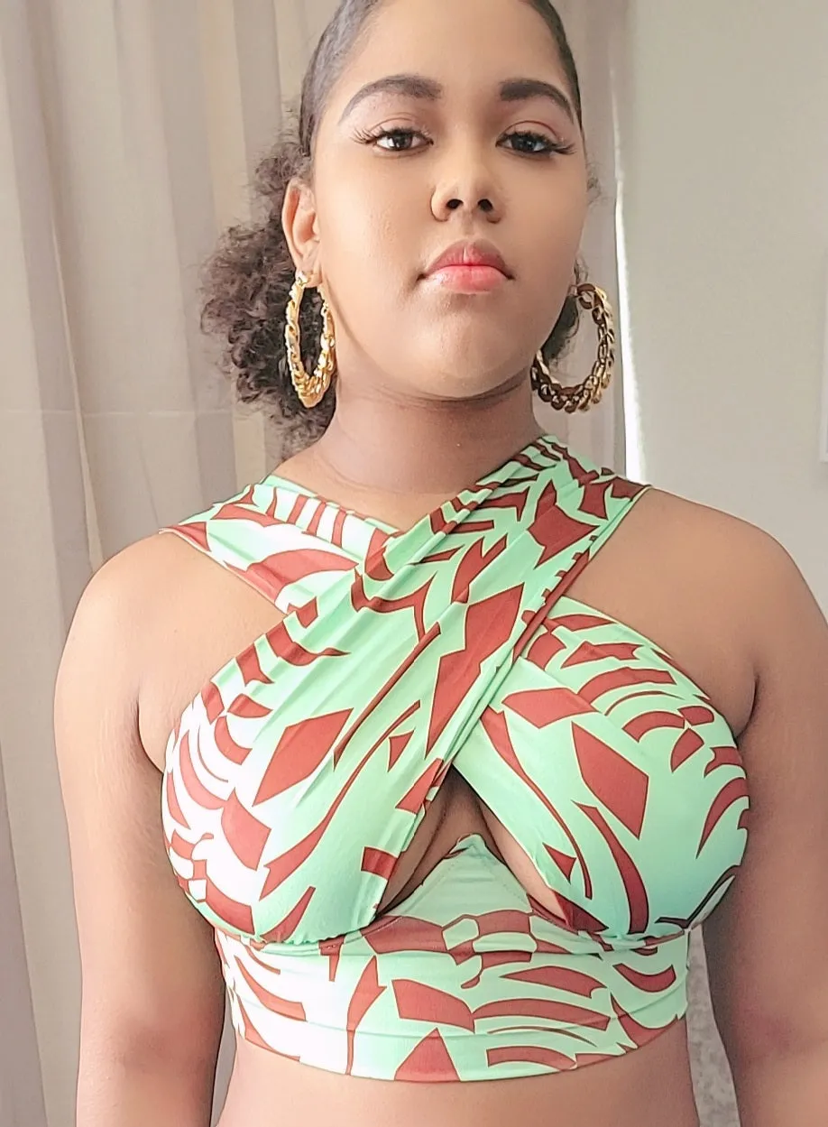 Women Close Fitting Sexy Vest Printed  Pattern Halter Neck Sleeveless Crop TOPS