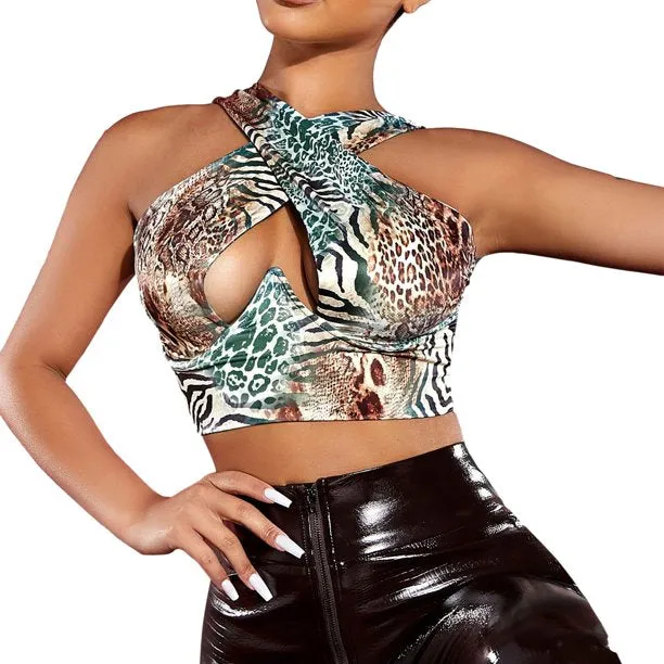 Women Close Fitting Sexy Vest Printed  Pattern Halter Neck Sleeveless Crop TOPS
