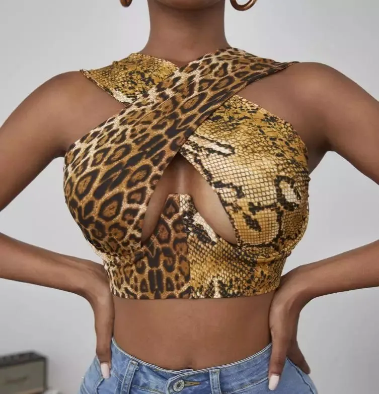 Women Close Fitting Sexy Vest Printed  Pattern Halter Neck Sleeveless Crop TOPS
