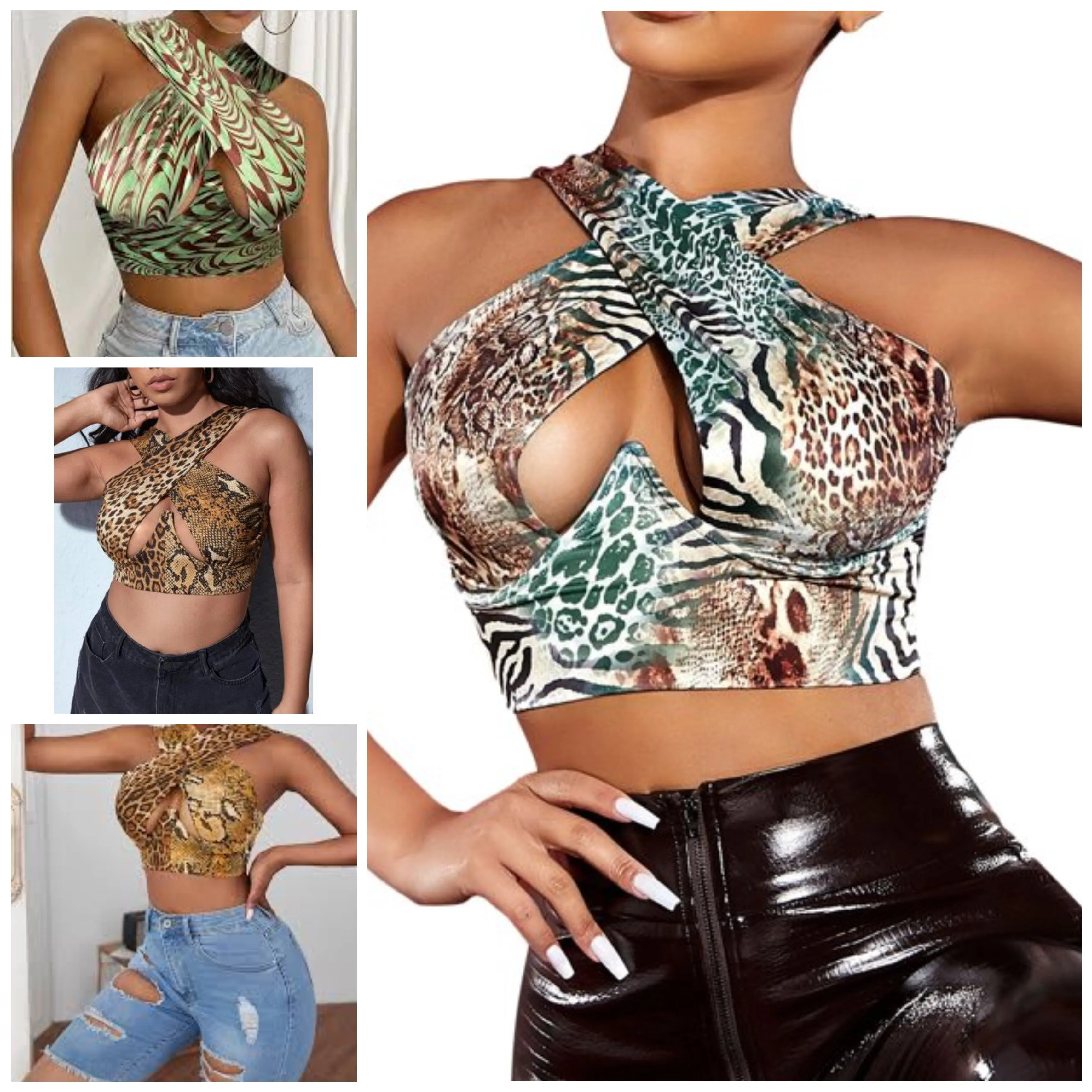 Women Close Fitting Sexy Vest Printed  Pattern Halter Neck Sleeveless Crop TOPS