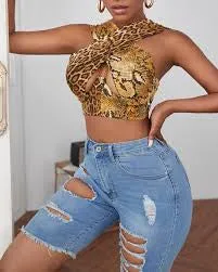 Women Close Fitting Sexy Vest Printed  Pattern Halter Neck Sleeveless Crop TOPS