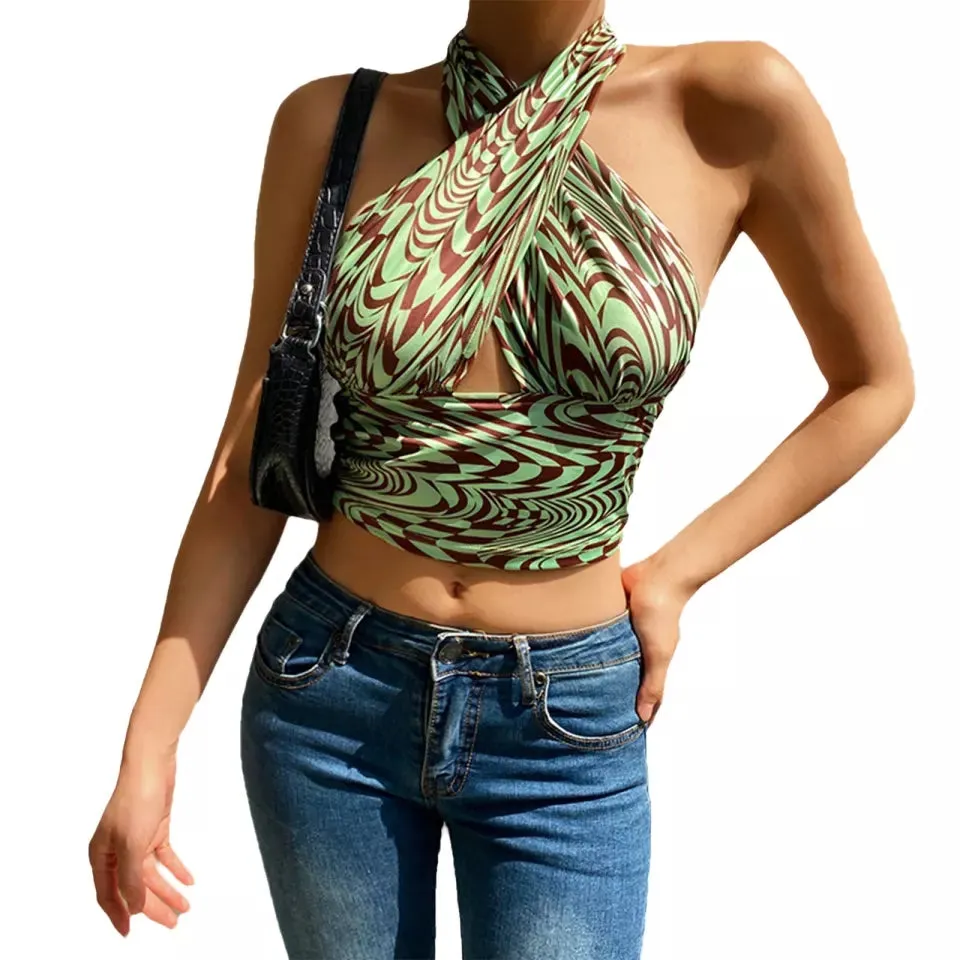 Women Close Fitting Sexy Vest Printed  Pattern Halter Neck Sleeveless Crop TOPS