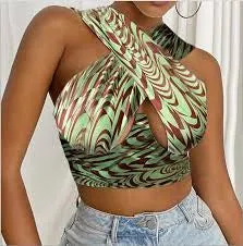 Women Close Fitting Sexy Vest Printed  Pattern Halter Neck Sleeveless Crop TOPS