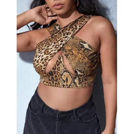 Women Close Fitting Sexy Vest Printed  Pattern Halter Neck Sleeveless Crop TOPS