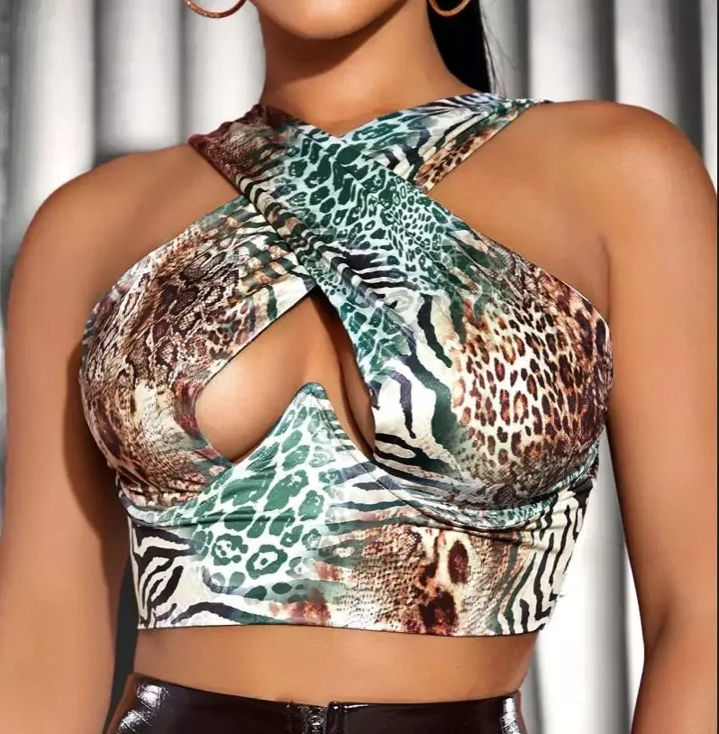 Women Close Fitting Sexy Vest Printed  Pattern Halter Neck Sleeveless Crop TOPS