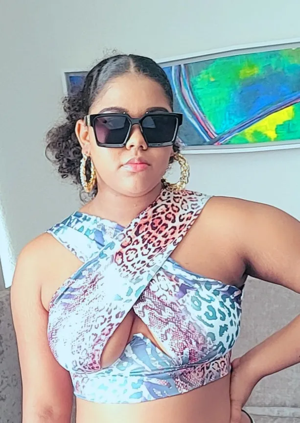 Women Close Fitting Sexy Vest Printed  Pattern Halter Neck Sleeveless Crop TOPS