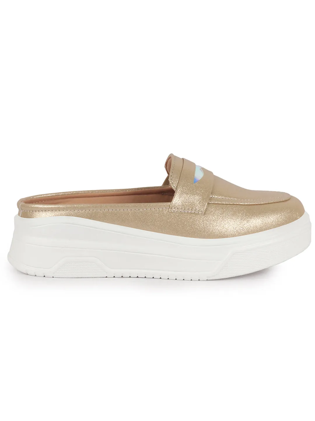 Women Golden Classic Comfort Height Enhancer Shiny Glitter Back Open Slip On Mule Shoes|Casual Slip On Walking Shoe