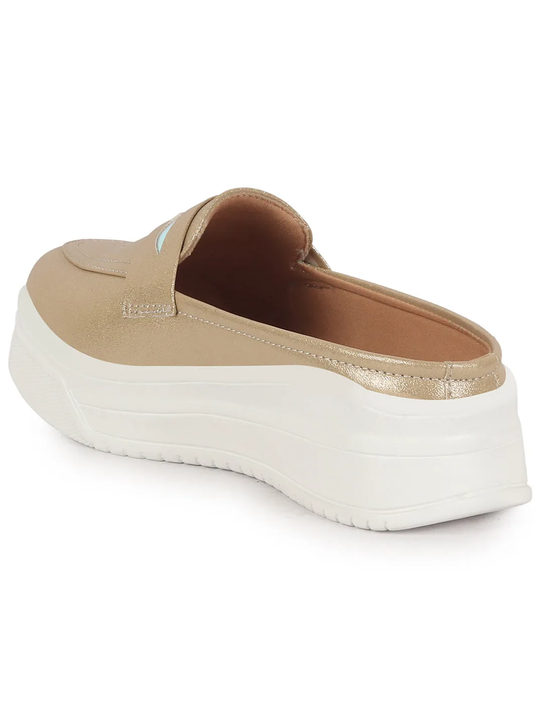 Women Golden Classic Comfort Height Enhancer Shiny Glitter Back Open Slip On Mule Shoes|Casual Slip On Walking Shoe