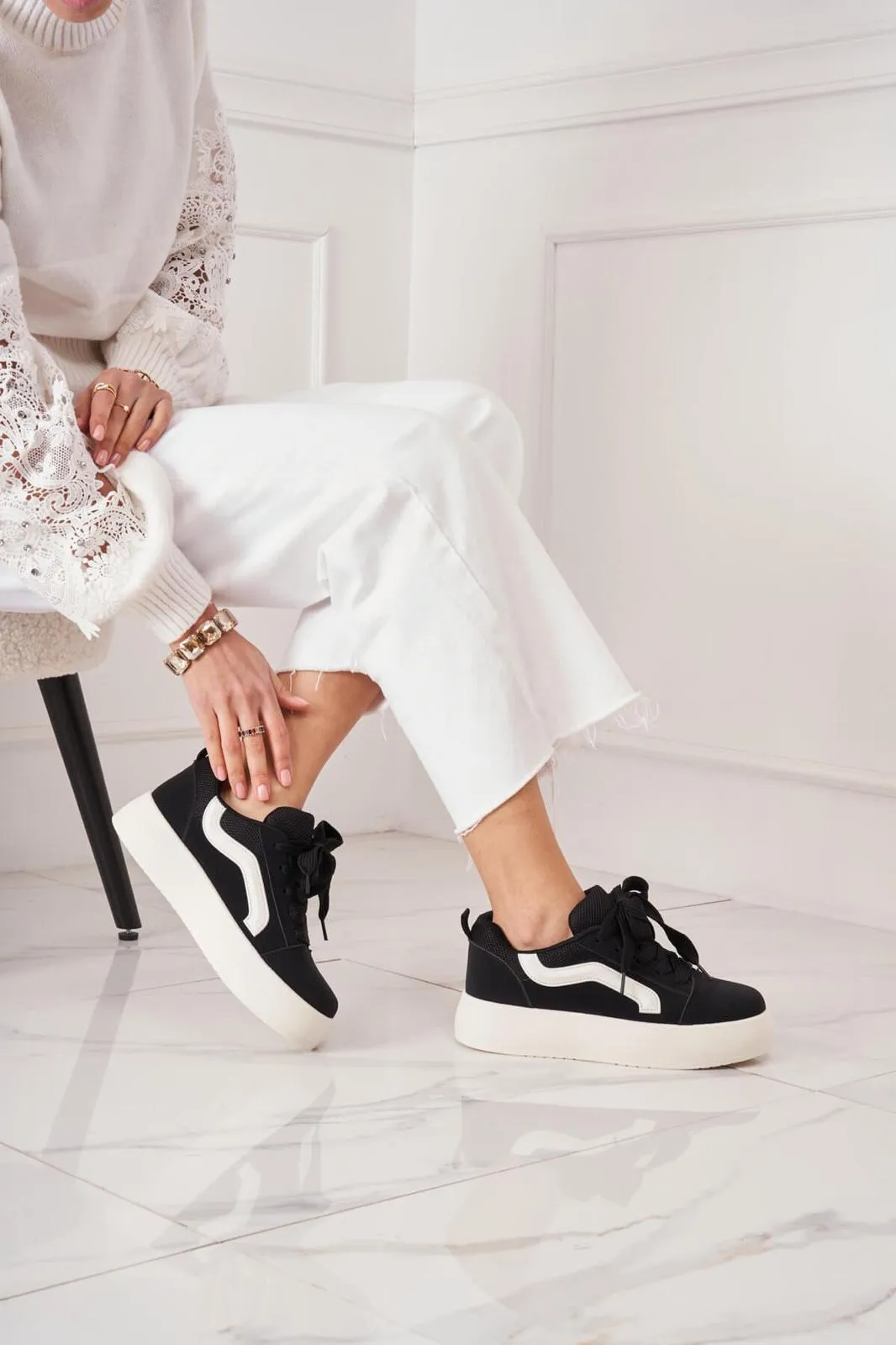 WOMEN'S SUEDE TEXTILE THICK BOTTOM PLATFORM TRAINERS IN BLACK