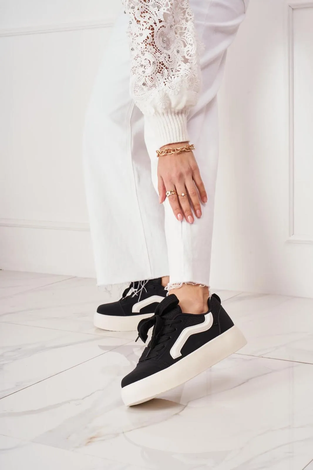 WOMEN'S SUEDE TEXTILE THICK BOTTOM PLATFORM TRAINERS IN BLACK