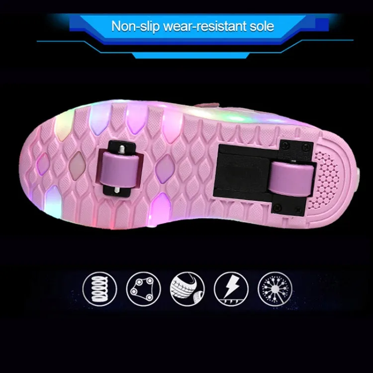 WS01 LED Light Ultra Light Mesh Surface Rechargeable Double Wheel Roller Skating Shoes Sport Shoes, Size : 35(Pink)