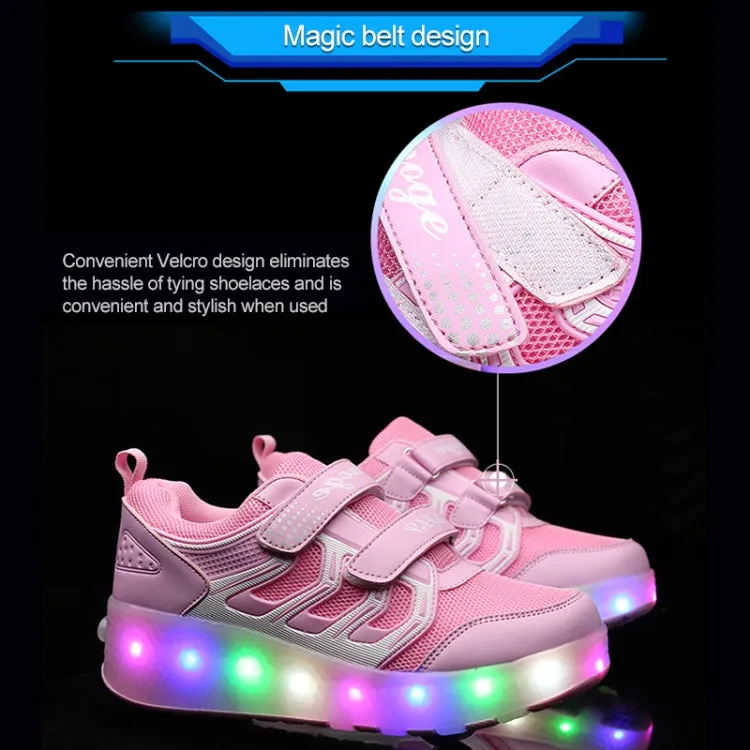 WS01 LED Light Ultra Light Mesh Surface Rechargeable Double Wheel Roller Skating Shoes Sport Shoes, Size : 35(Pink)