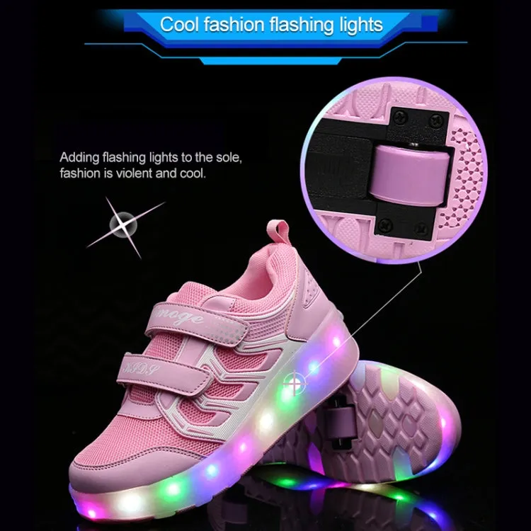 WS01 LED Light Ultra Light Mesh Surface Rechargeable Double Wheel Roller Skating Shoes Sport Shoes, Size : 35(Pink)