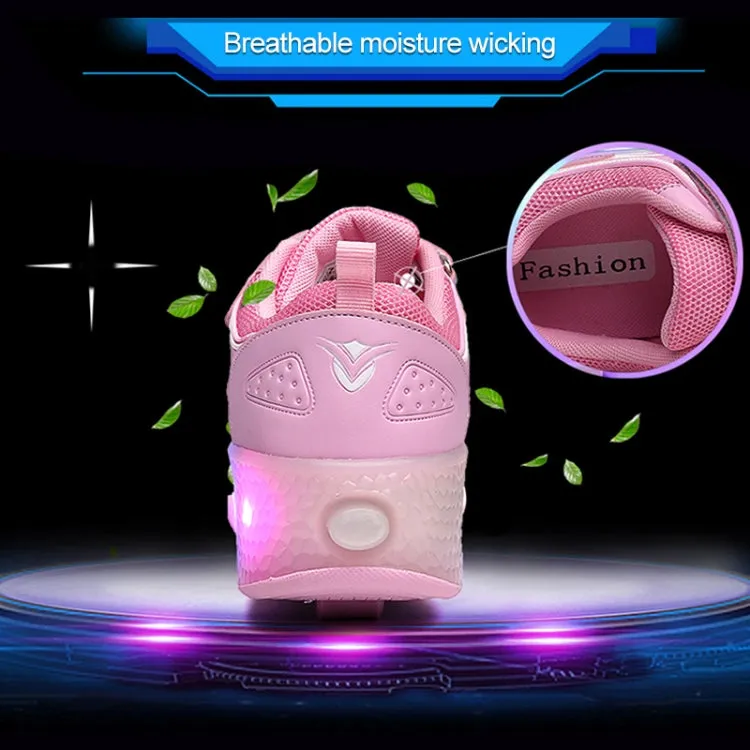 WS01 LED Light Ultra Light Mesh Surface Rechargeable Double Wheel Roller Skating Shoes Sport Shoes, Size : 35(Pink)