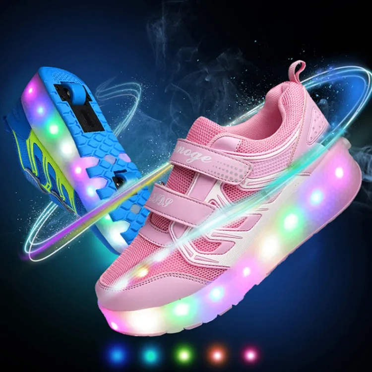 WS01 LED Light Ultra Light Mesh Surface Rechargeable Double Wheel Roller Skating Shoes Sport Shoes, Size : 35(Pink)