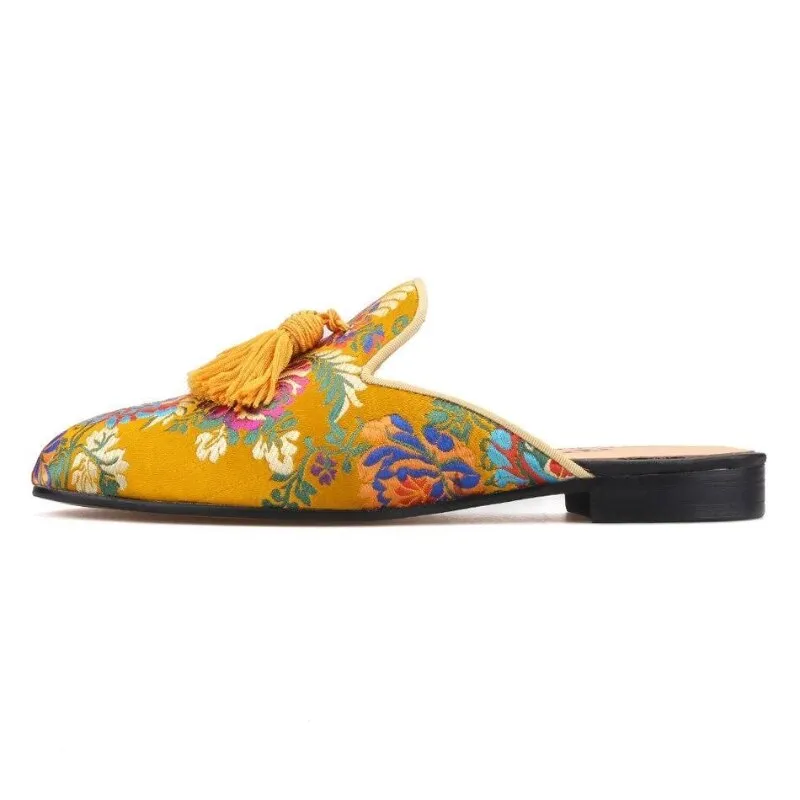 Yellow Floral Tassels Mules Shoes
