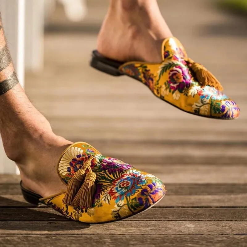 Yellow Floral Tassels Mules Shoes