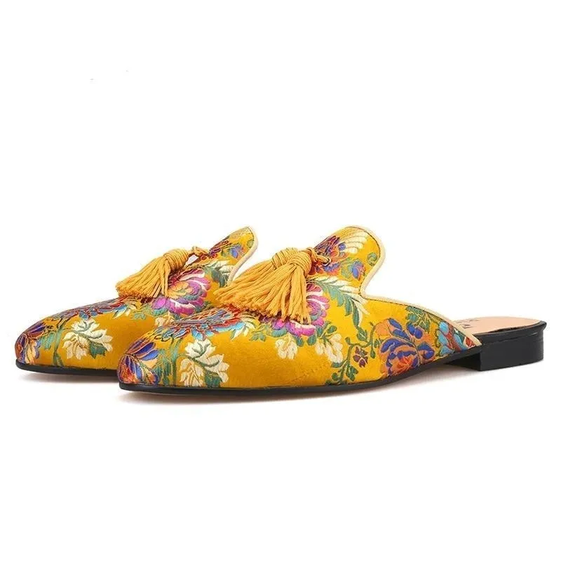Yellow Floral Tassels Mules Shoes